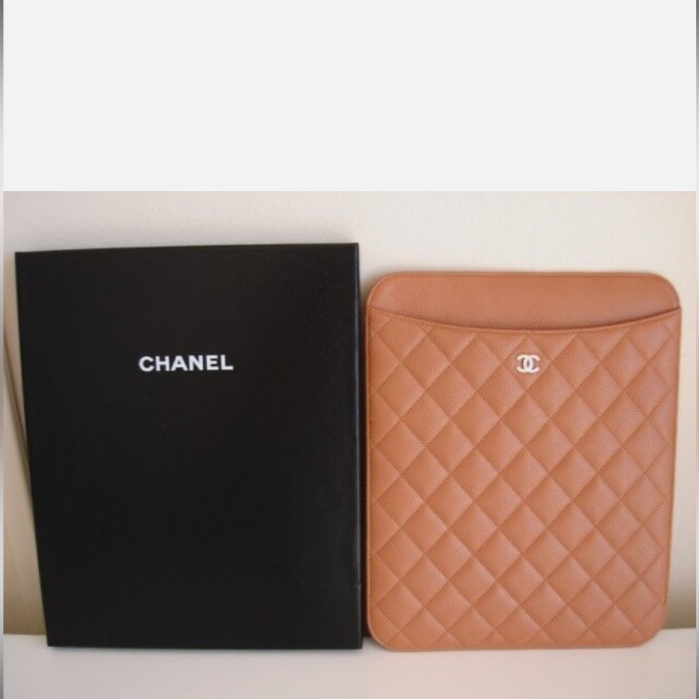 CHANEL Caramel Quilted Leather iPad Tablet Holder Cover Case W/box